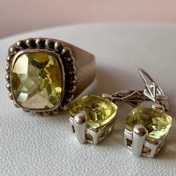 VINTAGE LEMON GREEN QUARTZ RING & DROP DANGLE EARRINGS SET 925 STERLING SILVER